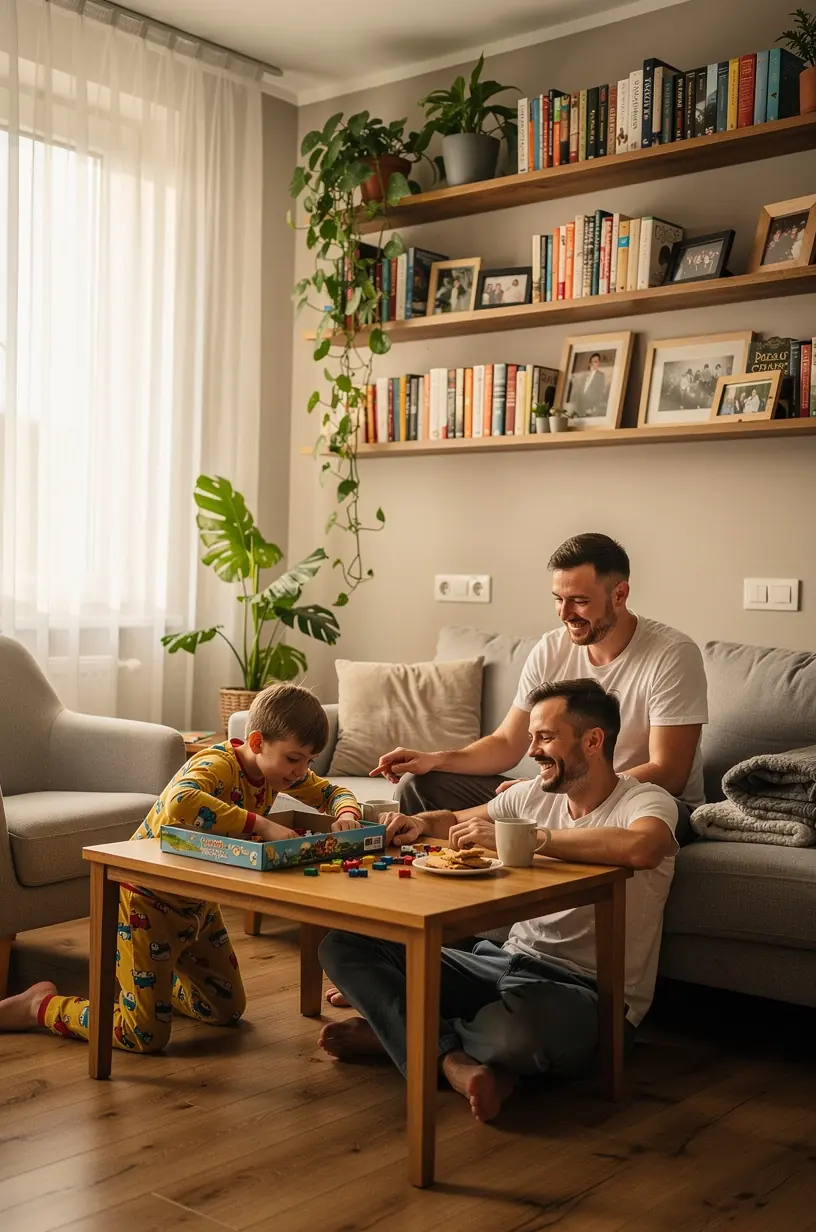 Rodzina spędzająca spokojne popołudnie przy stole z lekkim posiłkiem.